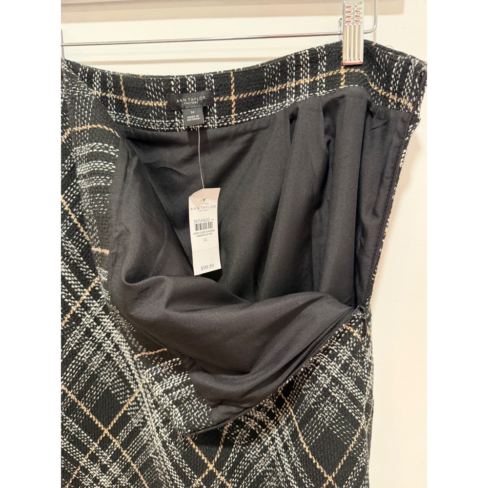 Ann Taylor Factory Plaid Tweed Midi Skirt Black Tan A-Line Lined Size 14 NWT - Picture 4 of 6